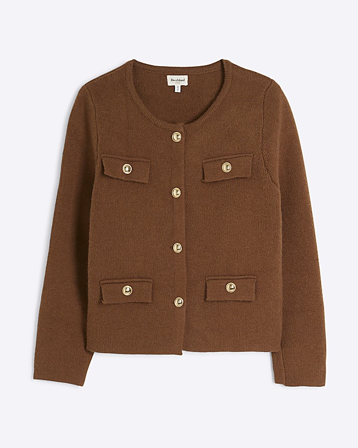 Brown Knit Button Pocket Cardigan