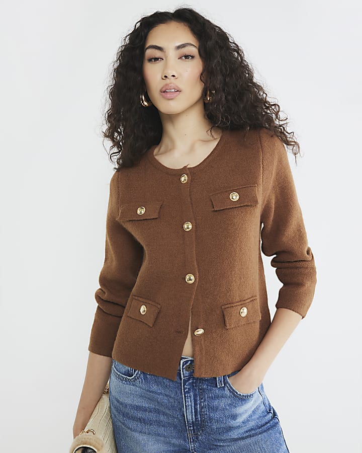 Brown Knit Button Pocket Cardigan