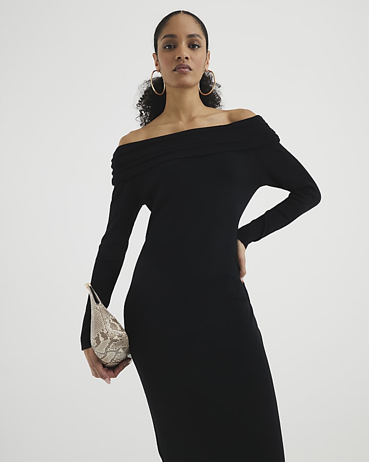 Black Long Sleeve Bardot Midi Dress