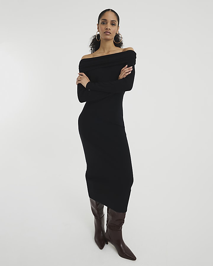 Black Long Sleeve Bardot Midi Dress