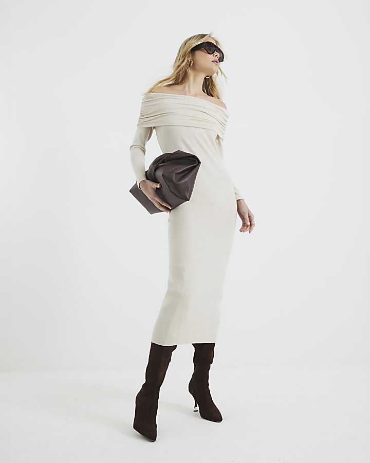 Beige Long Sleeve Bardot Midi Dress