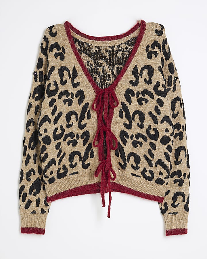 Brown Leopard Print Tie Front Cardigan