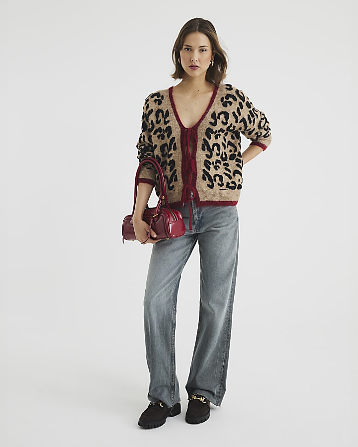 Brown Leopard Print Tie Front Cardigan