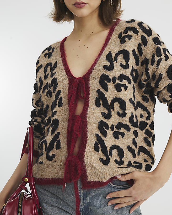 Brown Leopard Print Tie Front Cardigan