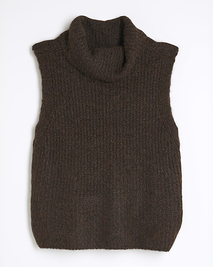 Brown Polo Neck Knitted Tank Top