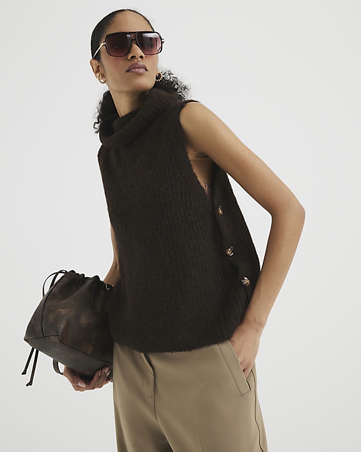 Brown Polo Neck Knitted Tank Top