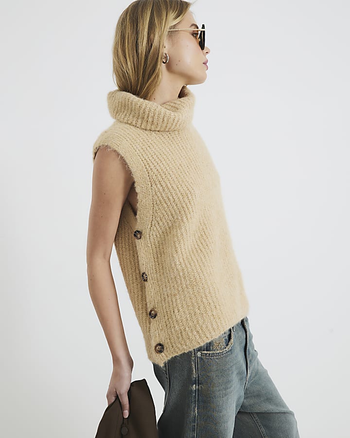 Beige Polo Neck Knitted Tank Top