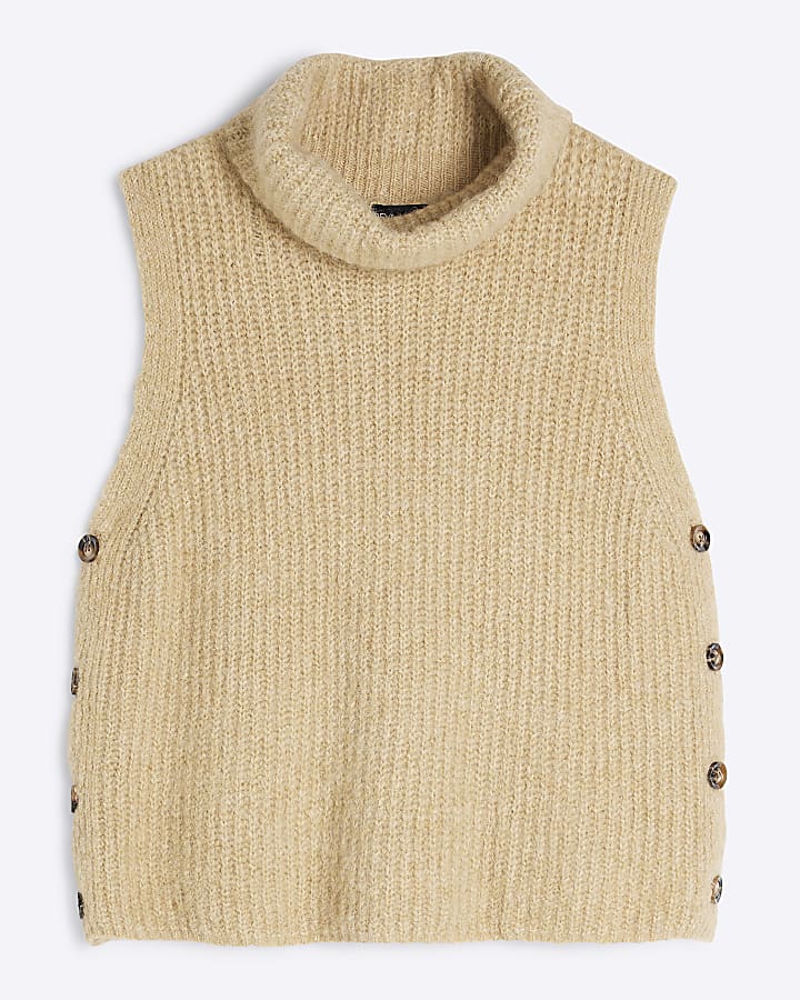 Beige Polo Neck Knitted Tank Top