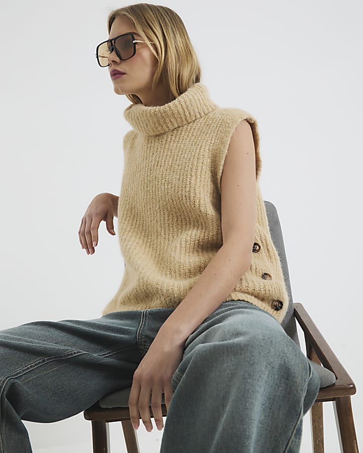 Beige Polo Neck Knitted Tank Top