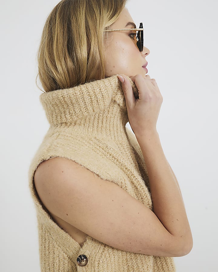 Beige Polo Neck Knitted Tank Top