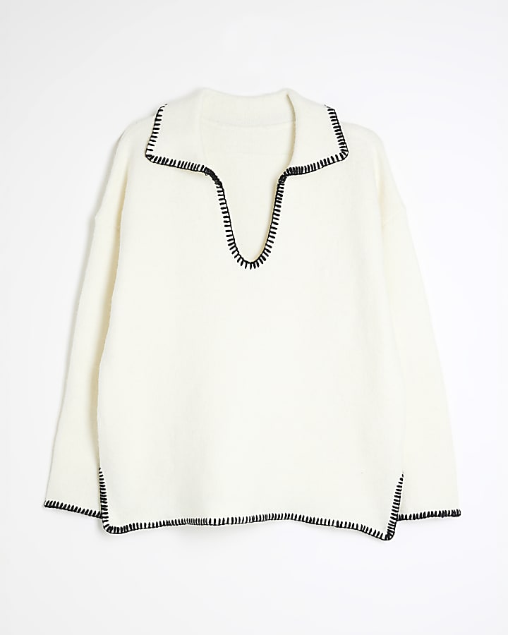 White Blanket Stitch Jumper