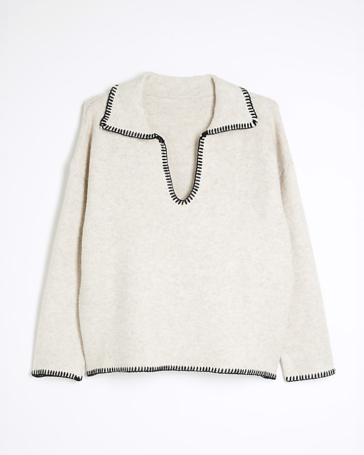 Beige Blanket Stitch Jumper