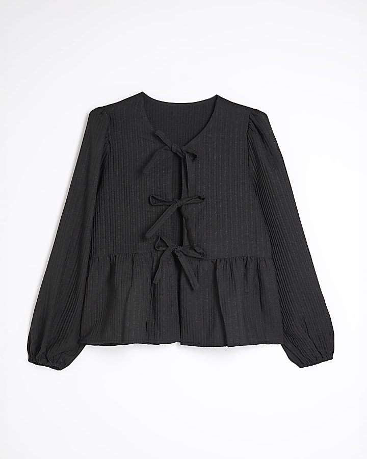 Black Tie Up Peplum Blouse