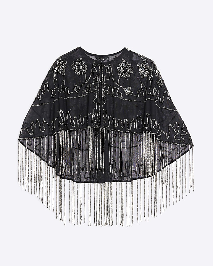 Black Sleeveless Beaded Fringe Cape Top