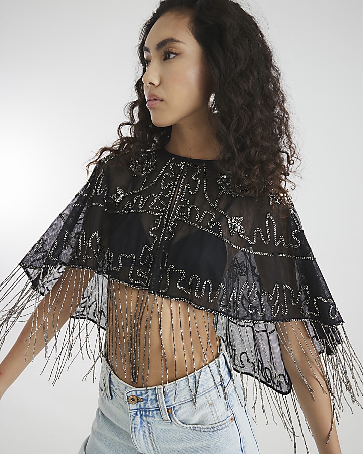 Black Sleeveless Beaded Fringe Cape Top
