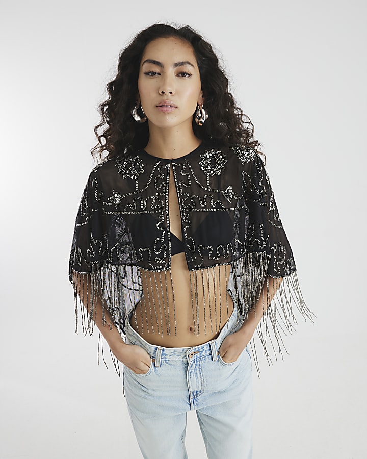 Black Sleeveless Beaded Fringe Cape Top