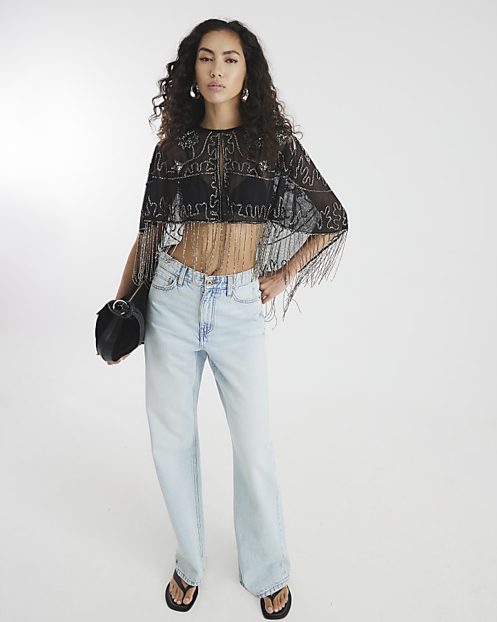 Black Sleeveless Beaded Fringe Cape Top