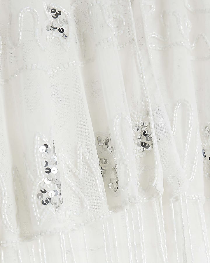 White Sleeveless Beaded Fringe Cape Top