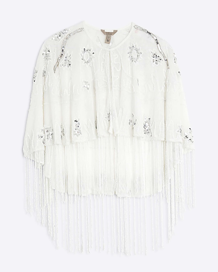 White Sleeveless Beaded Fringe Cape Top