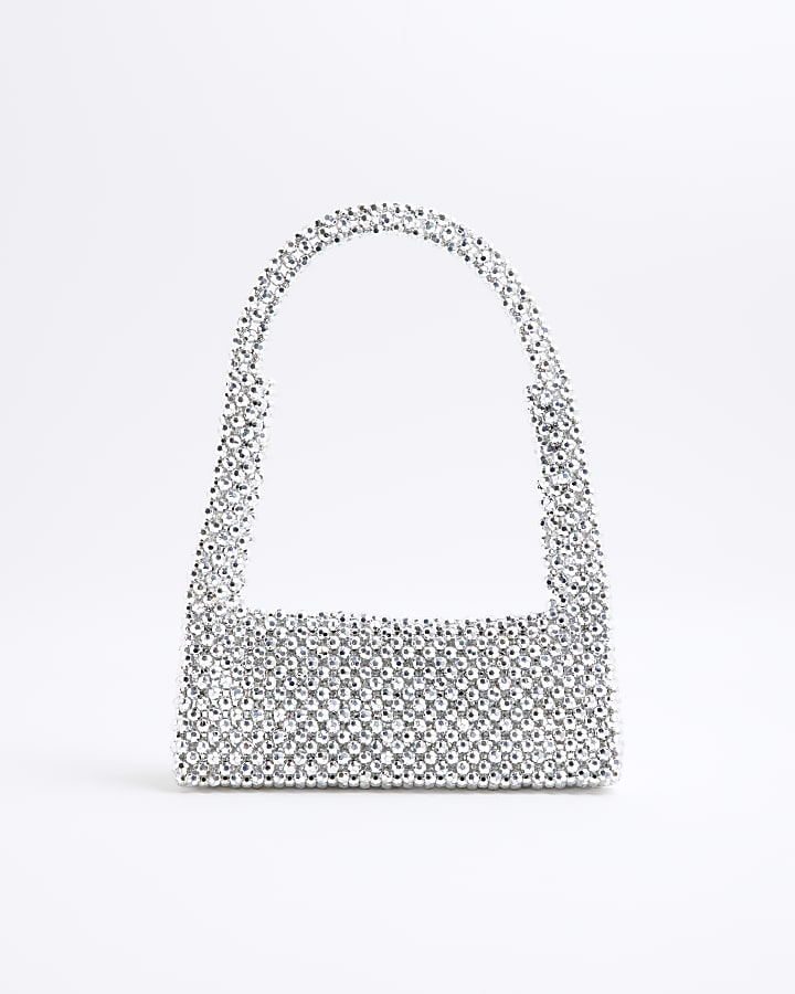 Silver Beaded Metallic Clutch Bag