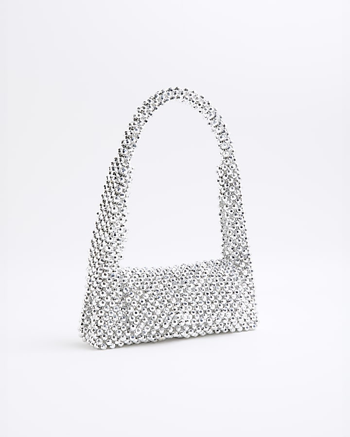 Silver Beaded Metallic Clutch Bag