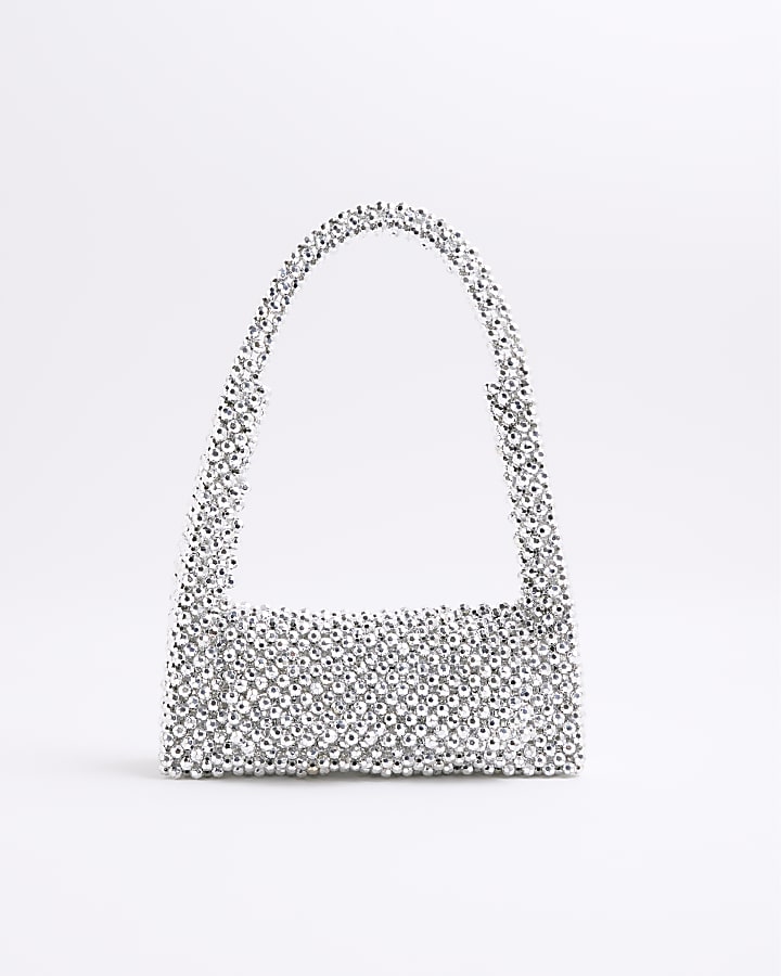 Silver Beaded Metallic Clutch Bag