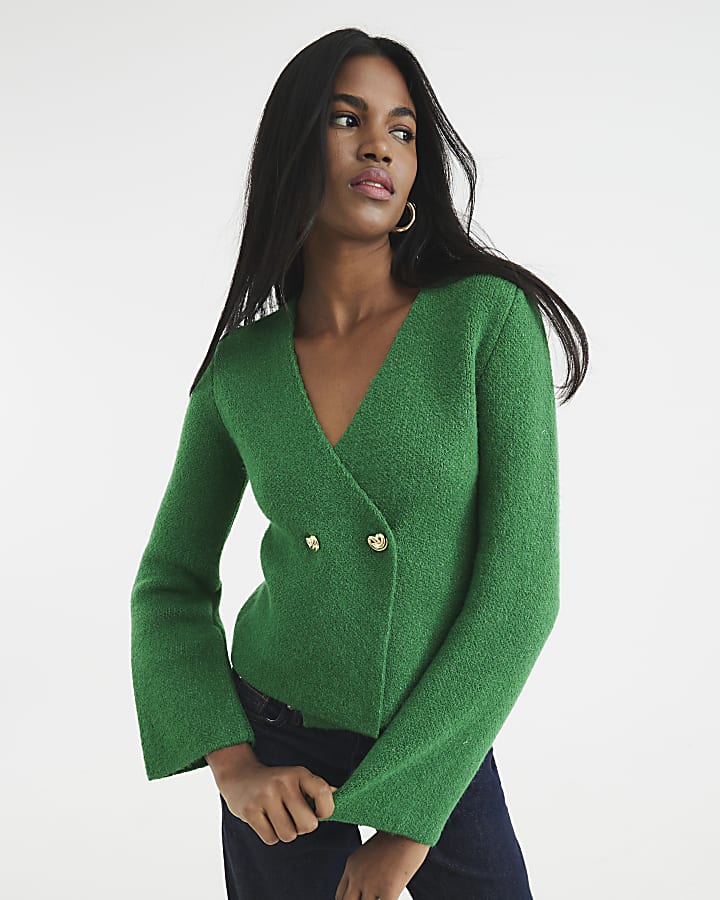 Green Asymmetric Two Button Cardigan