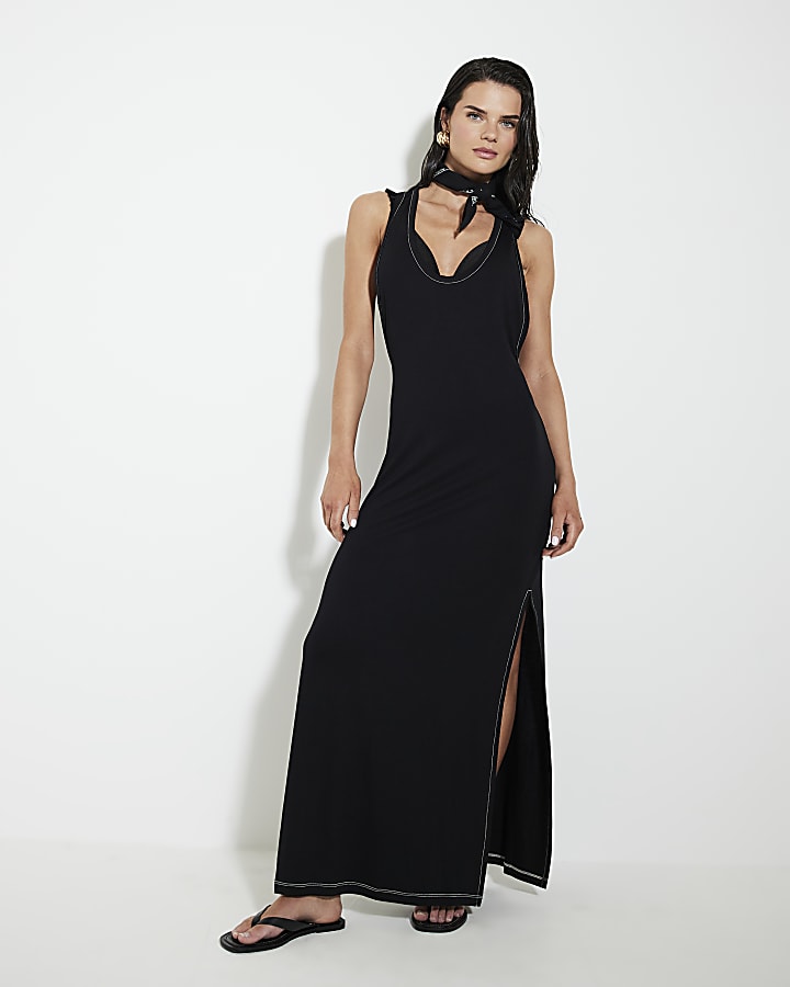 Black Side Split Jersey Maxi Dress