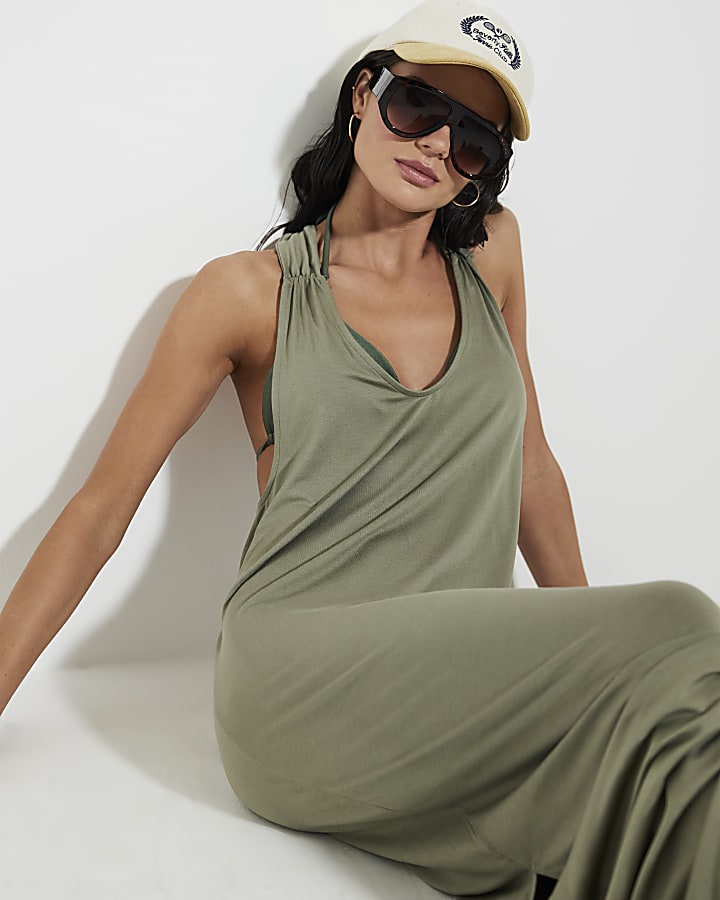 Khaki Twist Back Jersey Maxi Beach Dress