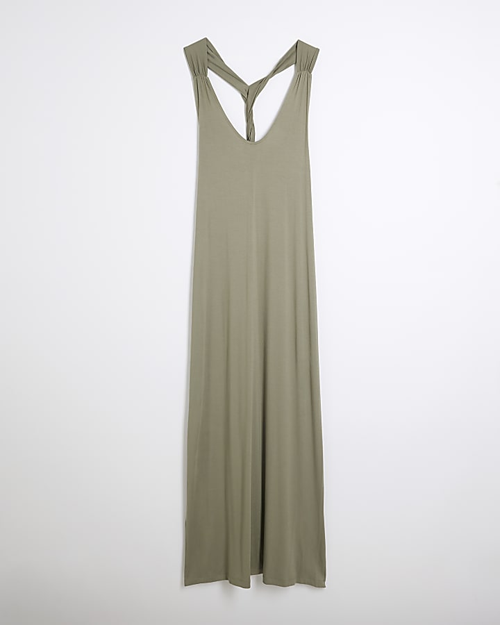 Khaki Twist Back Jersey Maxi Beach Dress