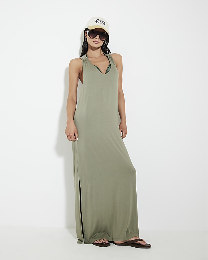 Khaki Twist Back Jersey Maxi Beach Dress