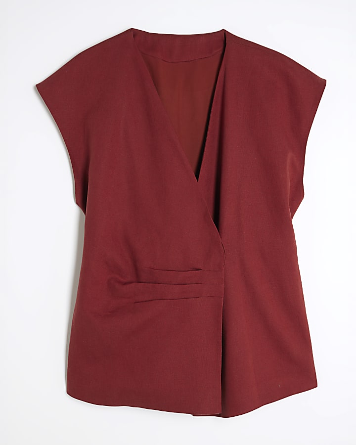 Red Off Shoulder Wrap Tie Tunic Top