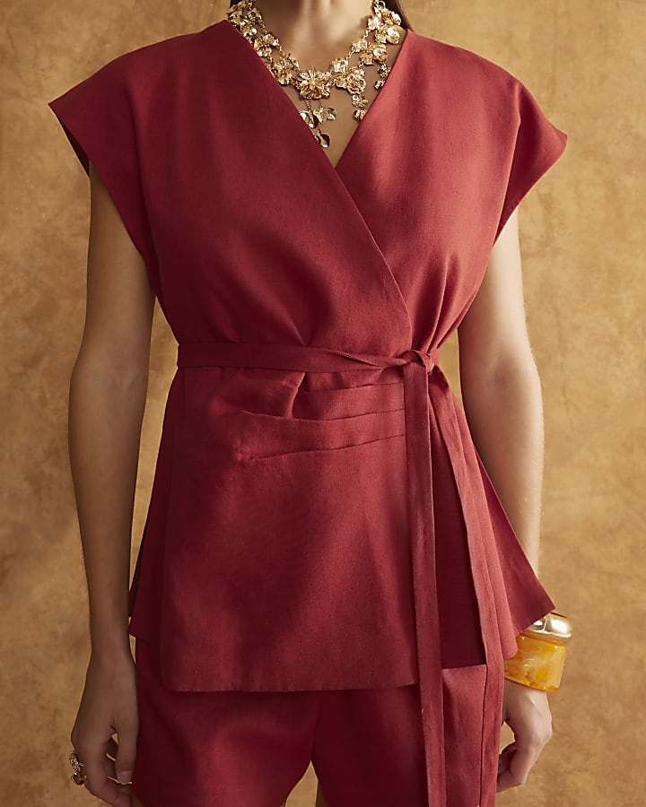 Red Off Shoulder Wrap Tie Tunic Top