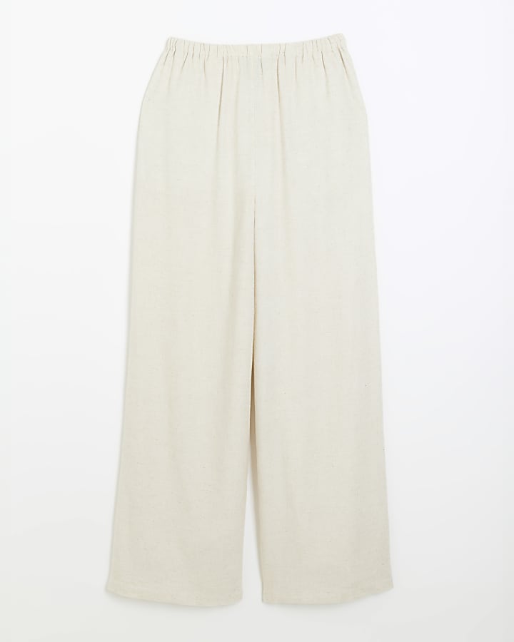 Beige Linen Blend Wide Leg Trousers