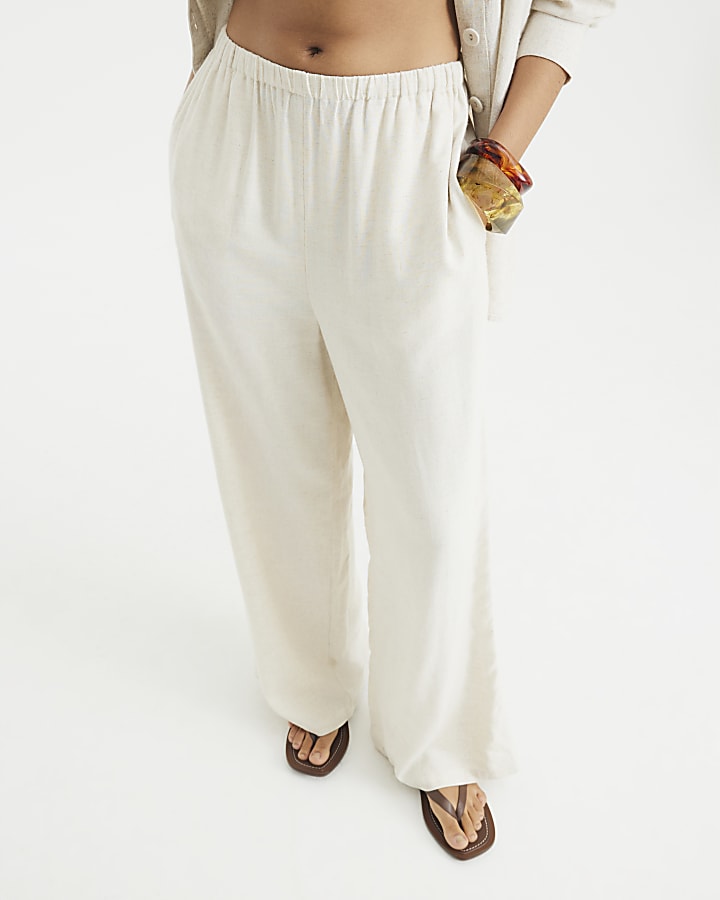 Beige Linen Blend Wide Leg Trousers