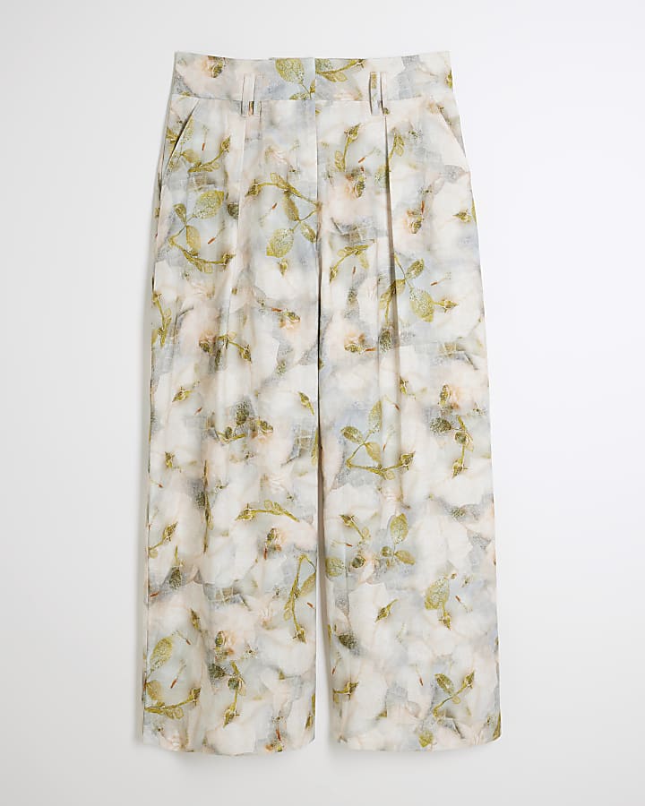 Petite Grey Floral Wide Leg Trousers