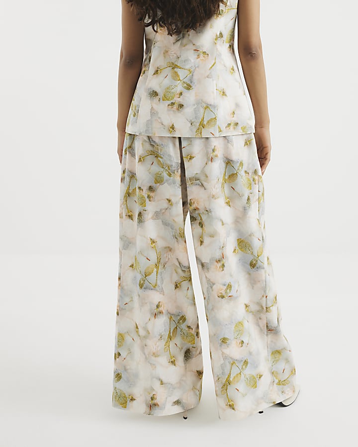 Petite Grey Floral Wide Leg Trousers