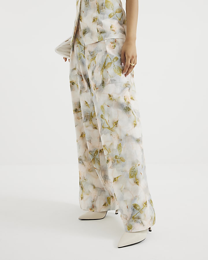 Petite Grey Floral Wide Leg Trousers