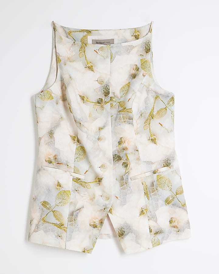 Petite Grey Square Neck Floral Waistcoat