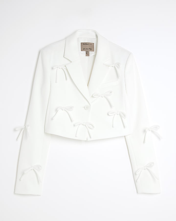 White Bow Front Cropped Blazer