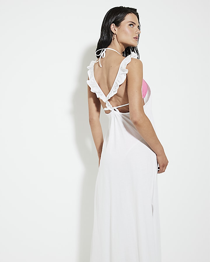 White Frill Strap Jersey Maxi Dress