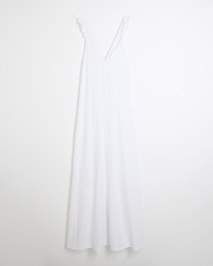 White Frill Strap Jersey Maxi Dress