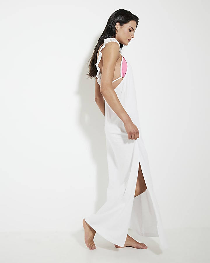 White Frill Strap Jersey Maxi Dress