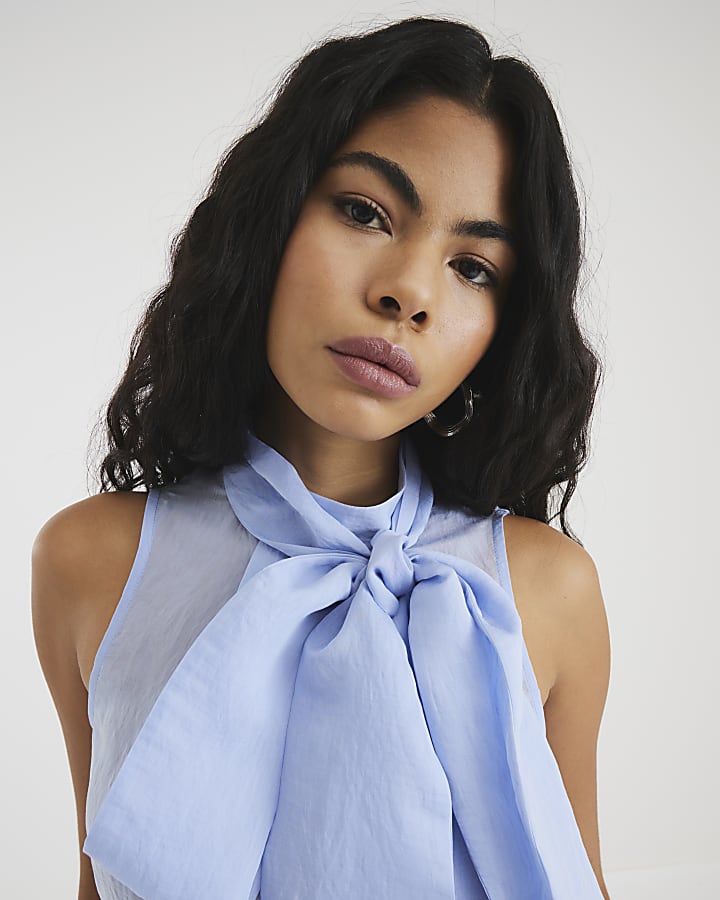 Blue Bow Neck Tie Blouse