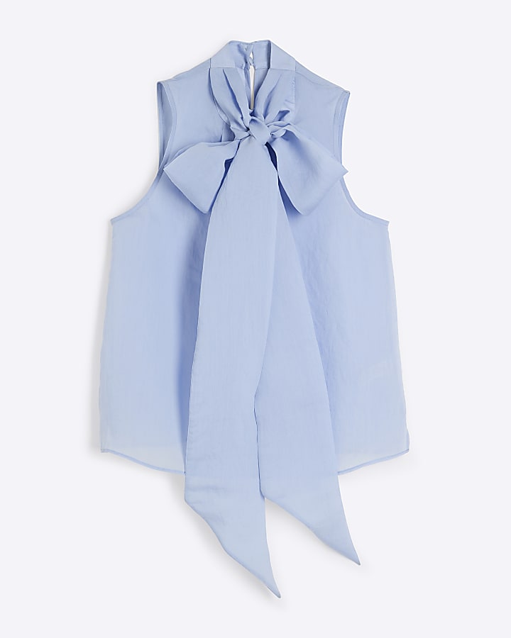 Blue Bow Neck Tie Blouse