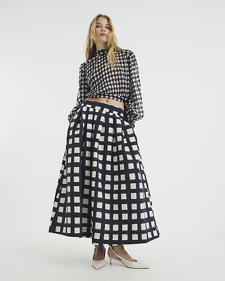 Black Check Print Midi Skirt