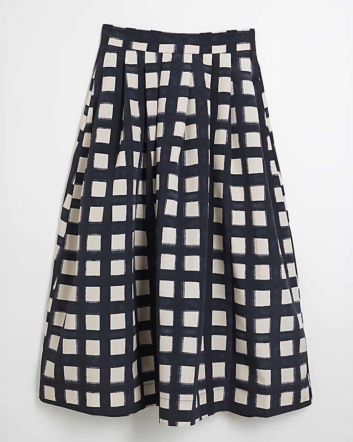 Black Check Print Midi Skirt