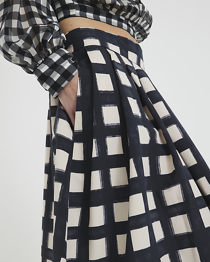 Black Check Print Midi Skirt