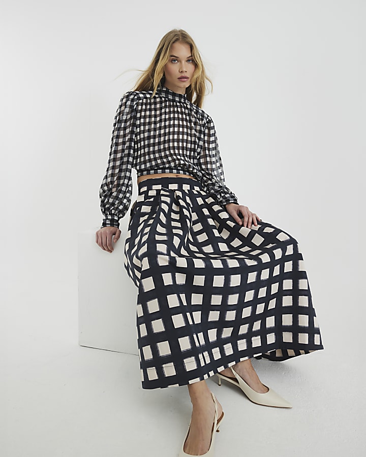 Black Check Print Midi Skirt