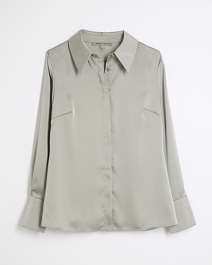 Khaki Long Sleeve Satin Slimline Shirt